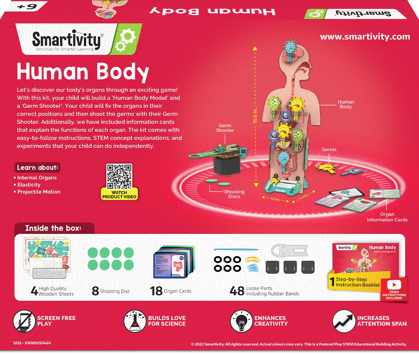 Smartivity Human Body Toy for Kids 6-12 Years|Body Organs & Functions|Birthday Gifts for Unisex|DIY Science Toys 6,7,8,9,10,11,12,13,14 Years Old I STEM Building Set Wooden Construction Game,79 Pcs